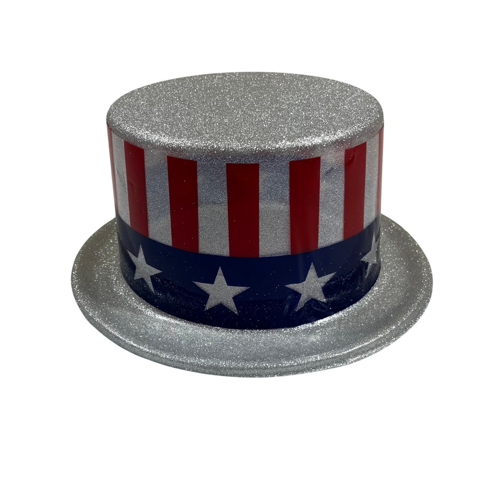 Patriotic 4th of July Top Hat One Size Silver Stars Stripes Glitter American